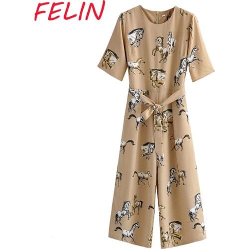 FELIN Women Jumpsuit Za Fashion 2021 Chic O-Neck Horse Printed Lace-up Elegant Rompers Female Jumpsuit Sashes Bodysuit