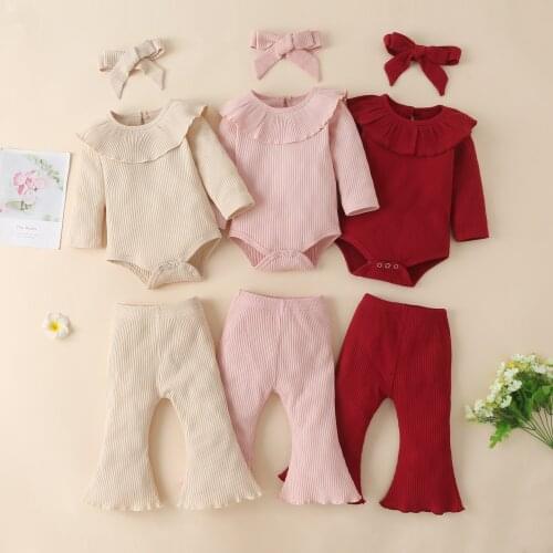 FOCUSNORM Autumn Lovely Baby Girls Clothes Sets 3pcs Solid Long Sleeve Ruffles Collar Romper Tops Flare Pant Headband 0-24M