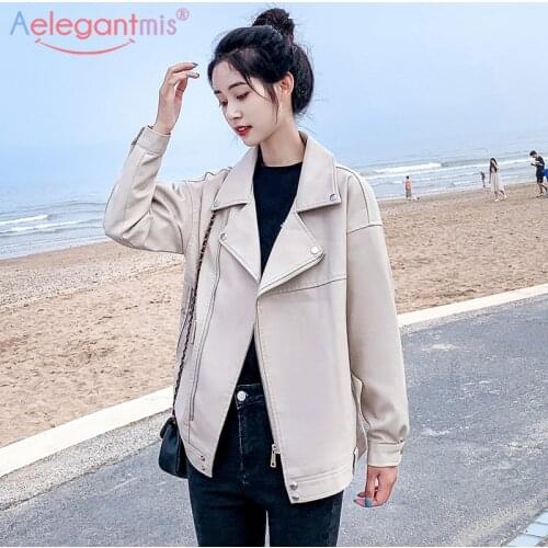 Aelegantmis Autumn Women Loose Faux Leather Jacket BF Oversized Soft Pu Leather Moto Punk Jackets Zipper Coats Ladies Outerwear