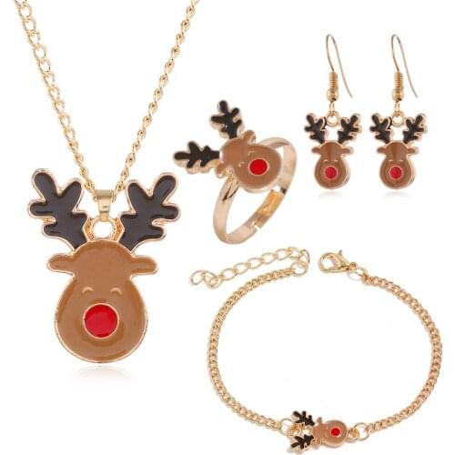 Cute Enamel Christmas Deer Head Charm Jewelry Set for Women Girls Xmas Pendant Festival Necklaces Rings Bracelet Earrings Set