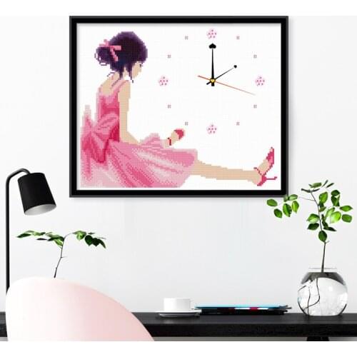 Punch needle kit Pink skirt girl small size cross stitch printing clock to send clock core home decoration for bedroom