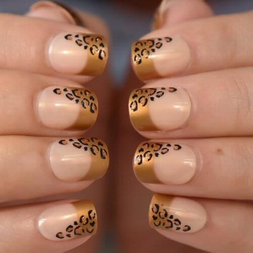 Nude Color Fake Nails Short French Tip False Nail Squoval Leopard Pattern Designer Press On Nails