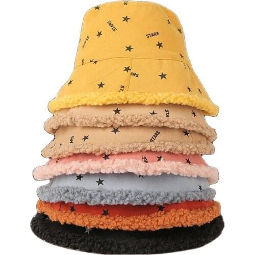 2021 New star print lamb velvet double sided fisherman hat women men winter warm bucket hat Panama hat casual outdoor sun hat