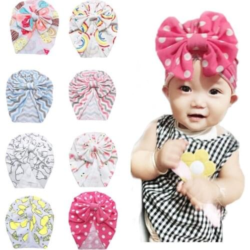 New Arrival Print Flower Baby Girl Hat with Big Bow Baby Turban Infants Baby Girls Caps Elastic Headwear Clothing Accessories