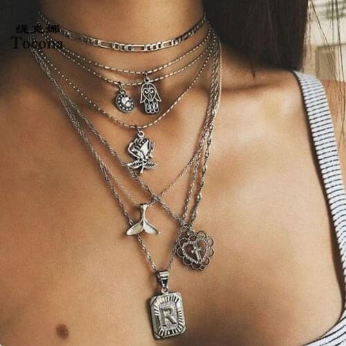 Tocona Punk Multi-layer Rose Cross Pendant Necklace for Women Heart Hand Aircraft Fishtail Letter Geometry Gold Jewelry 9500