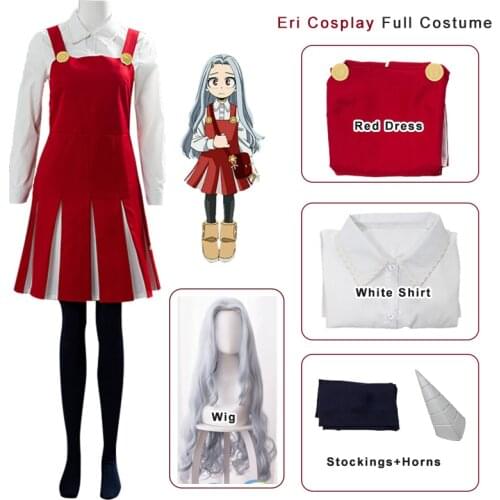 Anime My Hero Academia Boku No Hero Academia Eri Cosplay Costume Skirt Wig Girls Dress Rhino Horn Long Curly Headwear Girl Woman