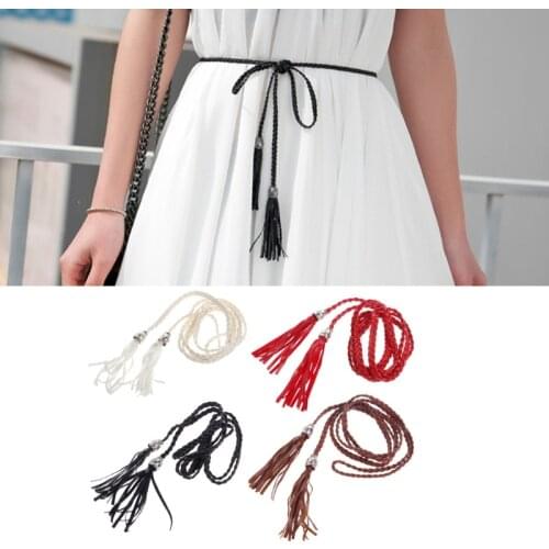Chic Ladies Women Braided Belt PU Leather Tassel Self-Tie Thin Waist Rope Belt 28GD