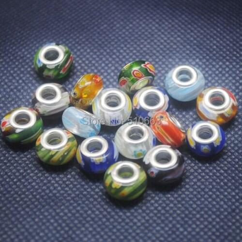 50 Pieces/Lot, Millefiori Glass Bead With Metal Accessories,Big hole size,Charms,bracelet making,Size: 8x14mm,Size: 5mm diameter