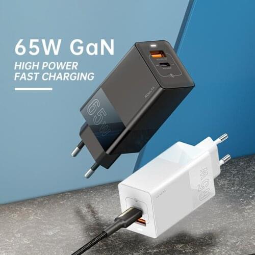 65W GaN Charger USB-C (45W) + USB-A (20W) Dual Port PD USB Fast Charging Portable Fashion Mobile Phone Charger US EU UK Plug