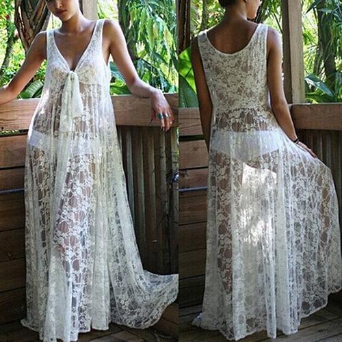Women Sexy V-neck Sleeveless Summer Beach Lace Cover Up See Through Maxi Dress