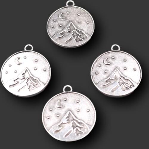 10pcs Silver Plated Mountain & Night Sky Badge Pendant DIY Charms Camping Necklace Bracelet Jewelry Crafts Metal Accessories