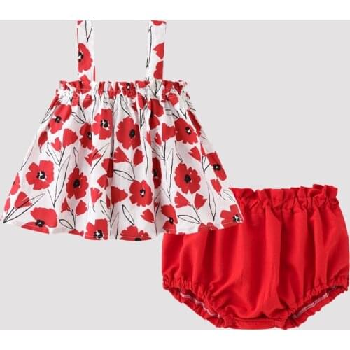 2021 Baby Girl Clothes Sets Newborn Baby Clothes 2 Pcs Sets Red Flower Print Strap Girls Dresses+briefs Baby Clothing Sets 0-24M