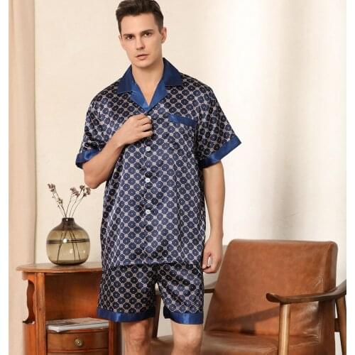 2021 Summer New Men Sleepwear 2PCS Pajamas Set Satin Faux Silk Nightwear Shirt&Pants Sexy Lounge Wear Casual Home Clothes