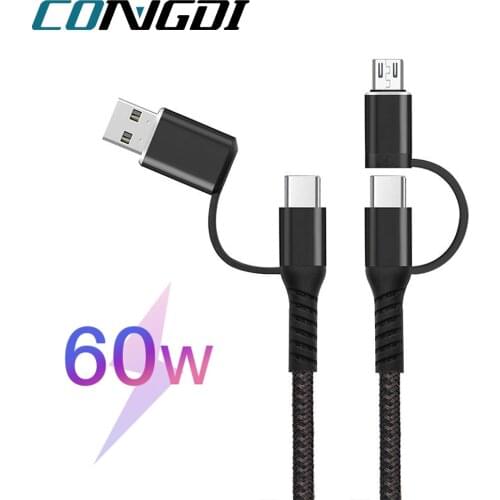 4 In 1 USB Cable Type C for Huawei for IPhone 12 11 Pro Max 3A 60W Fast Charge Micro USB Type-C Cable for Samsung Xiaomi Redmi