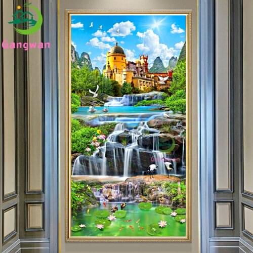 Full Square/Round Drill 5D DIY Diamond Painting "waterfall landscape" Embroidery Castle,blue sky view Cross Stitch Home Decor