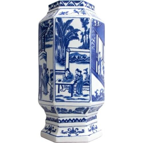 Antique Hexagon Porcelain Vase Decorative Flower Vase With Chinese Ancient Figures Jingdezhen Porcelain Vase Christmas Gift