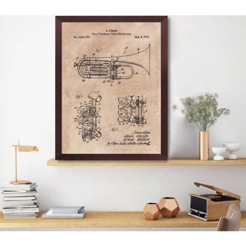 Bass Trombone Valve Blueprints Canvas Prints Music Retro Wall Art Pictures Vintage Poster Musician Gift Home Art Wall Decor