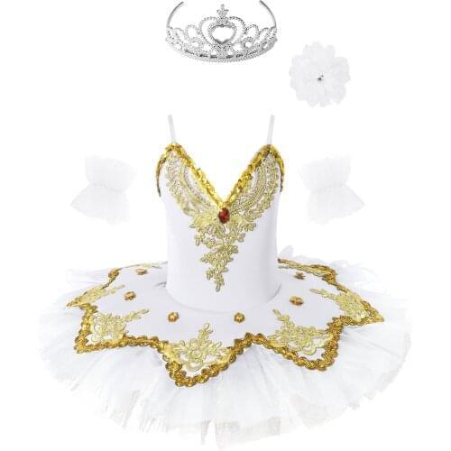 Kids Girls Performance Costume Rhinestone Sequins Ballet Dresses Ballet Tutu Leotard Dress with Arm Sleeves Hair Clip Hoop Set