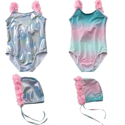 Baby Swimwear Bathing Suits 2021 Swimsuit Girls Laser Swimming Ruffle Beachwear Push Up One Piece Swimsuit And Lace Hat