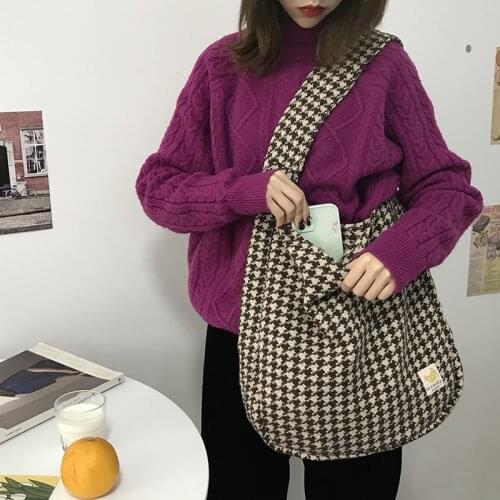 Women Canvas Shoulder Bags Houndstooth Pattern Cloth Fabric Tote Large Handbag Cute Books Bags Woolen Shopping Bag For Ladies