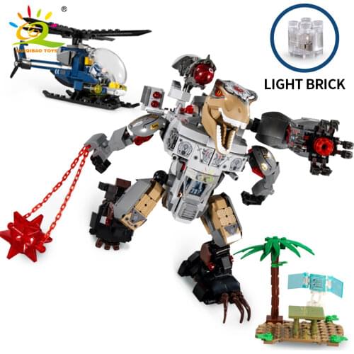 HUIQIBAO TOYS 901pcs Dinosaur Robot Building Blocks for Children Jurassic City Mecha World Bricks with 5 Figures Helicopter Set