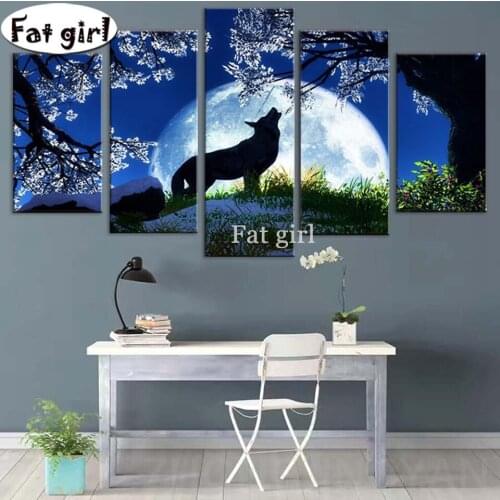 Animal Wolf Tree Pictures 5 Pieces 5D Diy Diamond Painting Cross Stitch Full Square/Round Diamond Embroidery Moon Projection