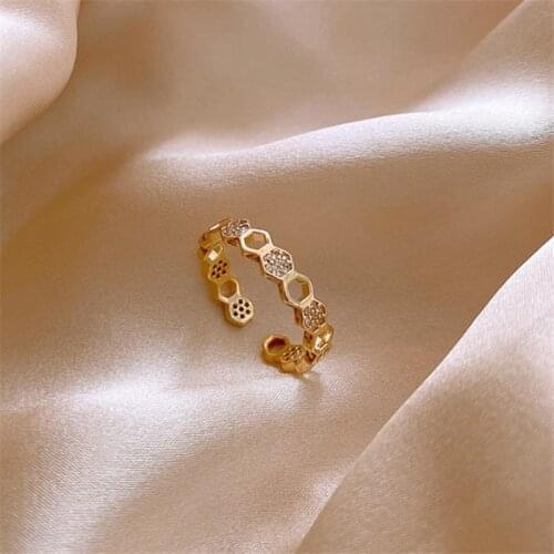 Korean Creative Hollow Geometric Open Ring Luxury Zircon Adjustable Rings for Women Wedding Engagement Jewelry Gift