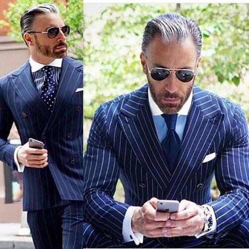 Blue Striped Men Suits Slim Fit Double Breasted Jackets Coats Pants Peaked Lapel Groom Suit Custom Made