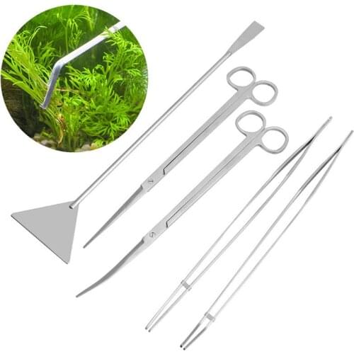 3/5Pcs Set Aquarium Cleaning Tools Kit Tweezers Curve Scissor Fish Tank Water Plants prune Grass Stainless Steel Scraper algae