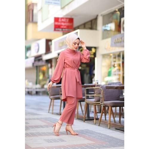 Nevra Women Tunic Pants Dual Crepe Princess Suit Color Rose S M L SIZE Muslim women Dubai Turkish hijab clothing islamic