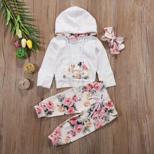 Pudcoco Autumn Newborn Baby Girl Clothes Flower Print Long Sleeve Hooded Tops Long Pants Headband 3Pcs Outfits Sweatshirt Set
