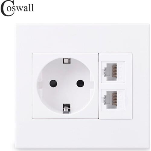 Coswall PC Panel EU Russia Spain Wall Socket + Double CAT6 RJ45 Internet Computer Data Connector White Color 86*86mm