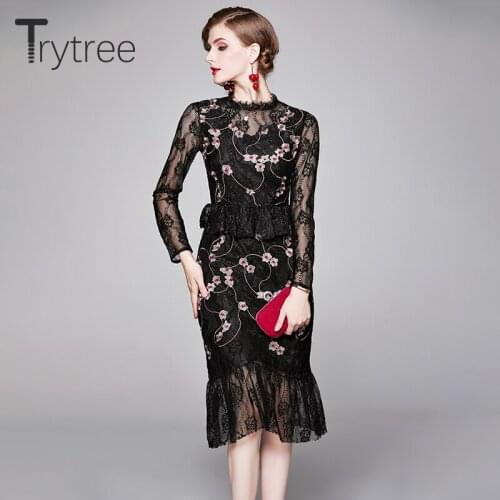 Trytree 2020 Autumn Winter Women Casual Dress O-neck Lace Spliced Embroidery Flower Fashion Elegant Mermaid Knee-Length dress