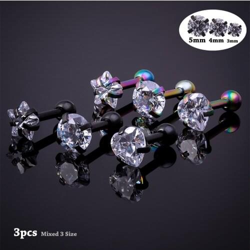 3pcs 3-5mm Cubic Zirconia Cartilage Stud Women Helix Piercing Ear Piercing Body Jewelry Star Cartilage Earrings Barbell Earrings
