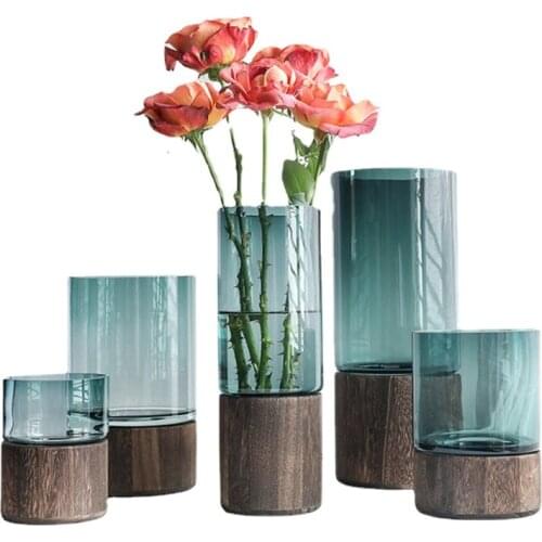 New List Solid Wood Base Glass Vase Luxury Living Room Decoration Figurines Wedding Decor Bedside Plants Holder Crafts Gift