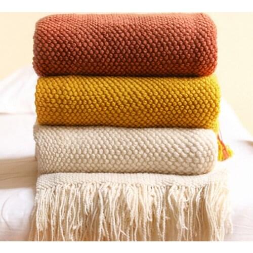 Knitted Blanket Air Conditioning Blanket Solid Color Waffle Blanket Nordic Decorative Blanket for Sofa Bed Office Nap Blanket