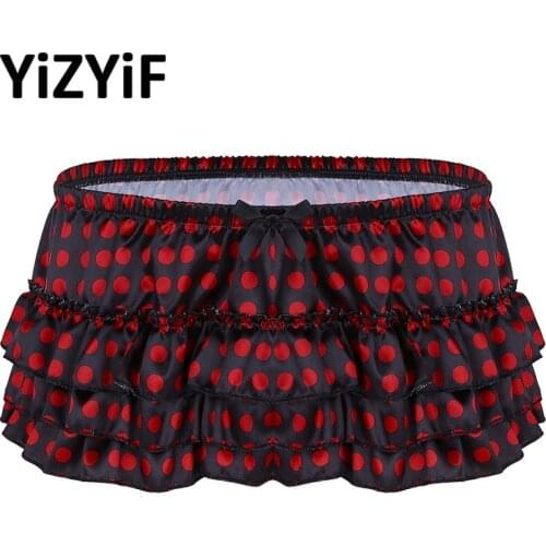 Men Sexy Lingerie Sissy Panties Underwear Shiny Satin Polka Dots Tiered Ruffles Skirted Panties Sissy Briefs Underwear Panties