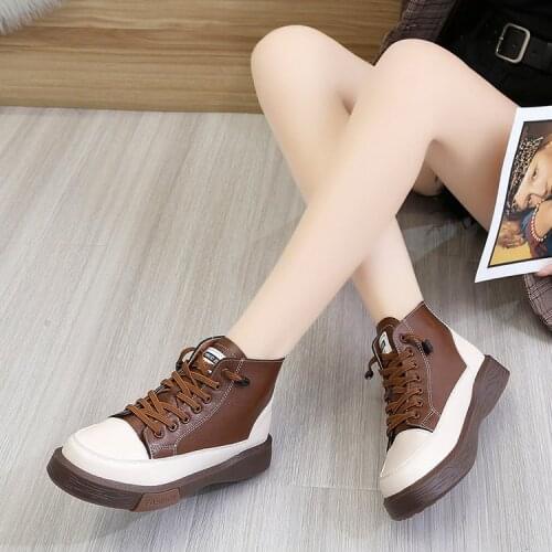 Womens Shoes Flat Leather Matching Lacing Ladies Single Boot Pop round toe platform bottom non-slip flat shoe