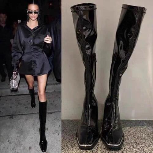 Kendall Style Women Motorcycle Boots Fashion Square Toe Knee High Winter Patent Leather Metal Decor Chunky Heels Womens Shoes