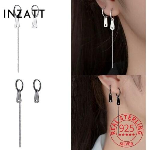 INZATT Real 925 Sterling Silver Chain Tassel Hoop Earrings For Women Punk Fine Jewelry Asymmetry Accessories Drop Shipping