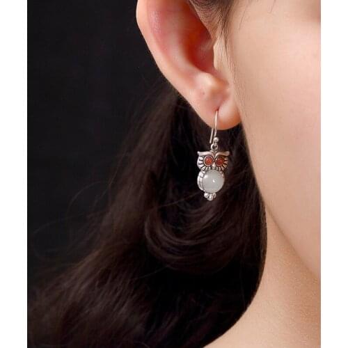 2018 New Arrival Natural Jade Dorp Earrings For Lady Owl Tassels 925 Sterling Silver Earrings Fine Jewelry Wholesale