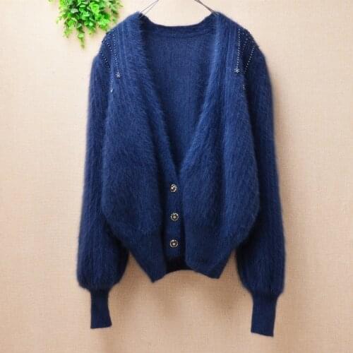 Fashion Luoli loose women female cardigan coat deep V-Neck long sleeve Angora rabbit hair sweater hand knit spring and Autumn