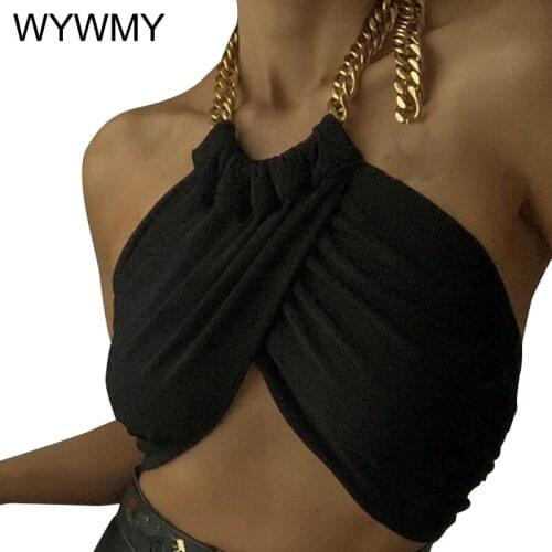 WYWMY 2021 New Summer Fashion Chic Halter Chain Crop Tops for Women Backless Cropped Feminino Black Wrap Top Streetwear Clothing