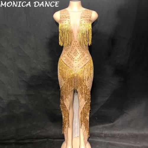 Women Sexy Stage Net Yarn Bling Long Dress Gold Tassel Sparkling Crystals DJ Costumes Nightclub Birthday Party Stage Dance Dress