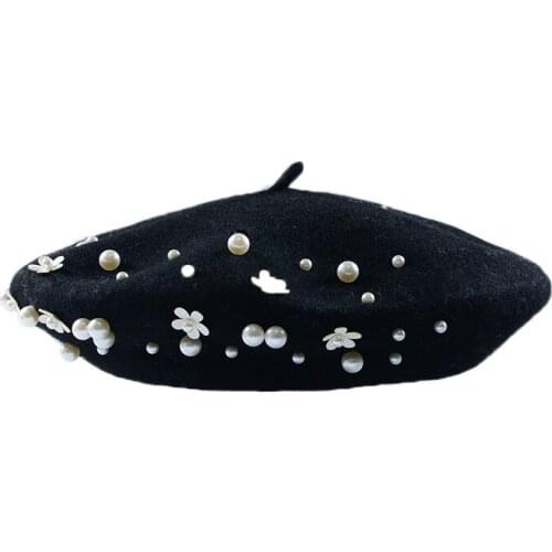 Beret hat women wool solid color beret pearl retro hat retro plain beret hat warm hat elegant ladies winter hat
