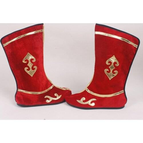 High quality Chinese ancient classic act red ankle boots popular unisex story perform stage flock slip-on flat heels shoes