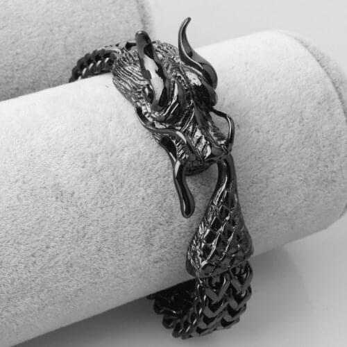 12mm Fitness Hipper Style Stainless Steel Black Tone 3D Dragon Head Figaro Link Chain Mens Boys Punk Casting Bracelets Jewelry