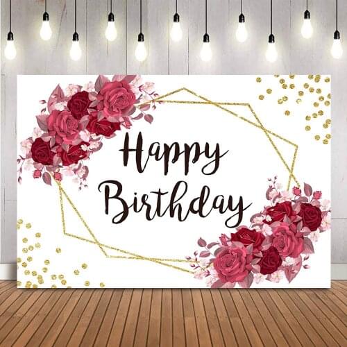 Red Wine Floral Backdrop Happy Birthday Adult Women Party Decoration Photocall Background Gold Glitter Dots Photo Backgrounds