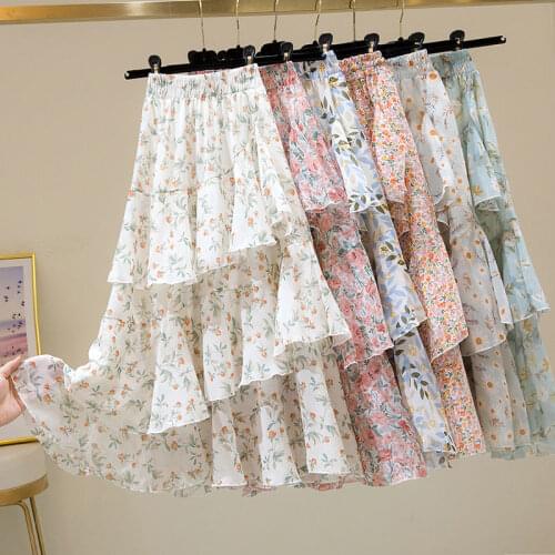 Summer Sweet Skirts Cake Floral Natural A Line Midi Cute Casual Beach Chic Plus Fashion Korean Style Women Clothing Young Ruffle