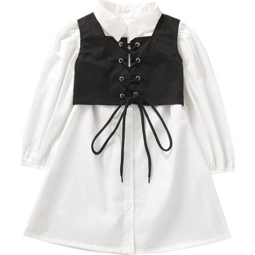 2021 1-6Y Fashion Kids Baby Girl Clothes Set White Solid Turn-down Collar Puff Long Sleeve Shirt Dress+Bandage Vest Autumn 2pcs